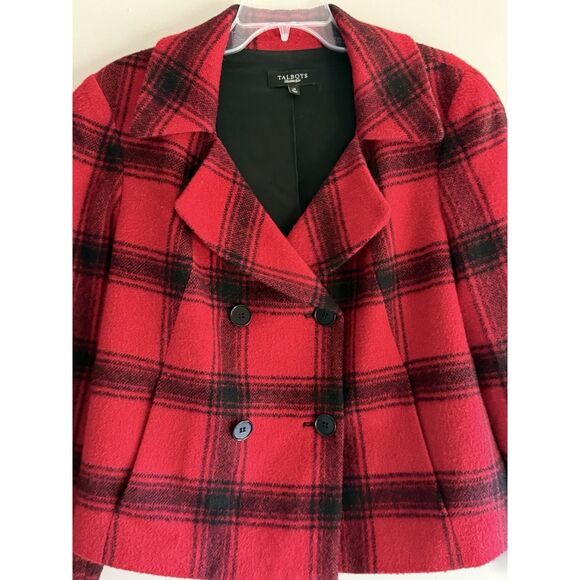 Talbots Red Black Plaid Blazer Jacket Wool Blend Double Breasted Buttons Sz 14 - Picture 2 of 10